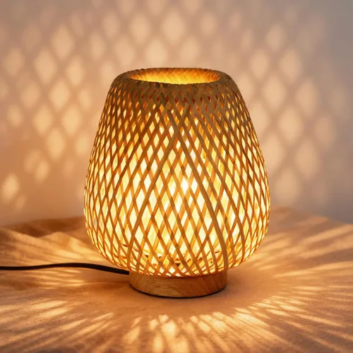 Miniatura 7 de Lámpara de mesa bohemia con base de madera tejida de doble capa, lámpara de ratán pequeña para mesita de noche, enchufe de 110 V, enchufe E26