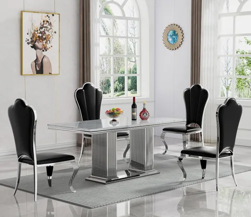 Miniatura 13 de Juego de mesa de comedor de mármol negro de lujo para 4, mesa de cocina dorada de 70 pulgadas y 4 sillas de cuero negro, juego de 5 mesas de comedor