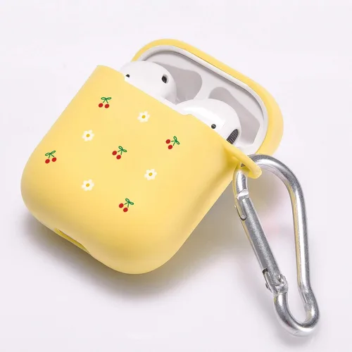 Miniatura 4 de Funda amarilla para AirPod 1 y 2 con llavero de mosquetón de anillo, bonita funda de cereza inalámbrica para auriculares inalámbricos, funda