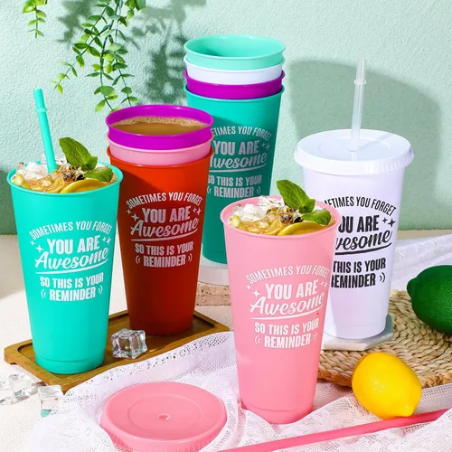 Miniatura 6 de Inbagi Paquete de 24 vasos de plástico de 24 onzas con tapas y pajita, regalo de la semana de la CNA, con texto en inglés "Thank You Are Awome