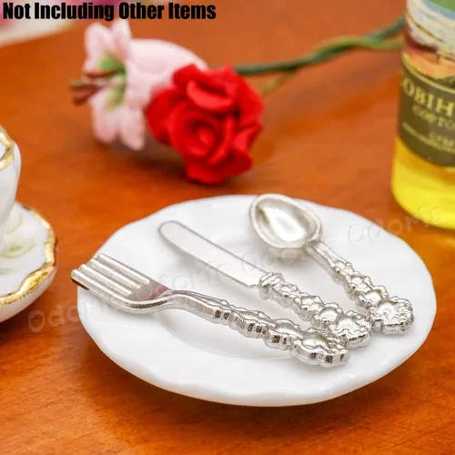 Miniatura 7 de Odoria 1/12 Platos en miniatura y cubiertos Cuchillo Tenedor Cuchara Juego de accesorios para casa de muñecas, plata plateado