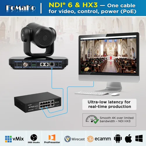 Miniatura 3 de FoMaKo Cámara PTZ NDI de 60 FPS 4K, zoom óptico 20X, soporta NDI 4K 60fps, seguimiento automático 4KP60 AI, 1/1.8 UHD CMOS 8.42MP, USB 3.0 3G-SDI
