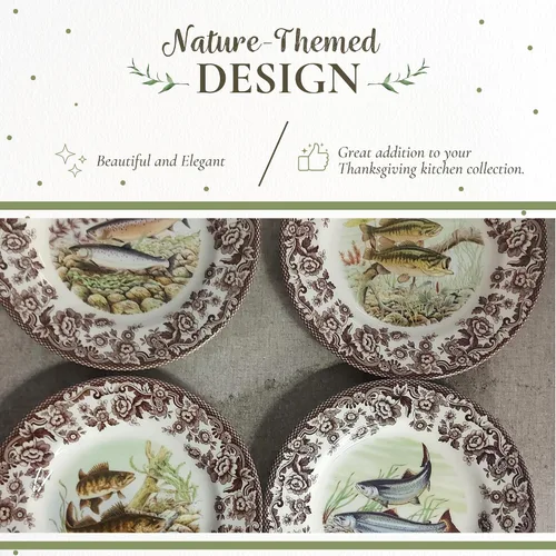 Miniatura 3 de Spode Woodland - Plato de ensalada de porcelana fina, diseño de lucioperca con borde floral marrón, vajilla clásica de campo inglés para cenas