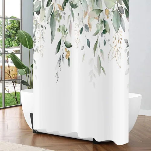 Miniatura 2 de Cortina de ducha de hoja de eucalipto, hojas verde salvia y doradas, plantas de acuarela en la parte superior, cortina de baño de tela con fondo