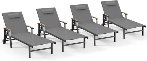 Miniatura 49 de Ciokea Sillón para exteriores con almohada, tumbona de aluminio de 5 posiciones con ruedas y reposabrazos, silla de piscina resistente de 400 libras