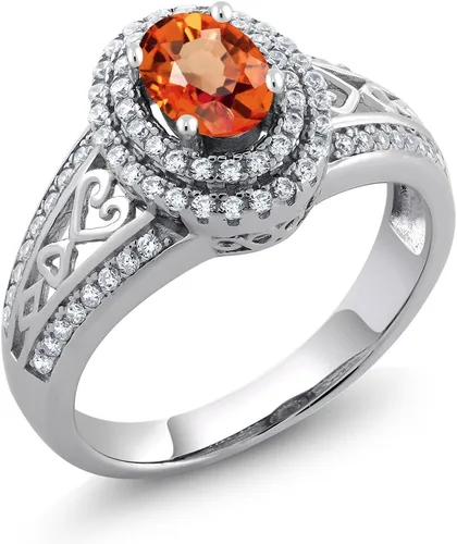 Miniatura 45 de Anillo de compromiso con halo de piedra preciosa y piedra natal en plata chapada en oro amarillo de 18 quilates, ovalado, 0.236 x 0.157 pulgadas