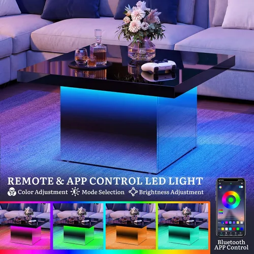 Miniatura 4 de YITAHOME Mesa de centro cuadrada, mesas de centro para sala de estar con luces LED, moderna mesa de café de cóctel para decoración, color negro