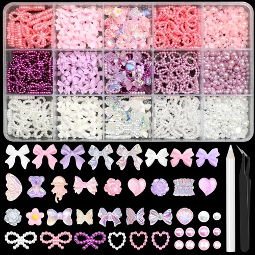 Miniatura 8 de RODAKY 1000 dijes de uñas con lazo, lazo rosa y blanco, corazón, estrella, coqueta, decoración de uñas, cuentas de perlas con parte trasera plana