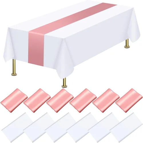 Juego de 12 manteles de plástico desechables y camino de mesa de satén, manteles de 54 x 108 pulgadas, manteles blancos de 12 x 108 pulgadas, rosa