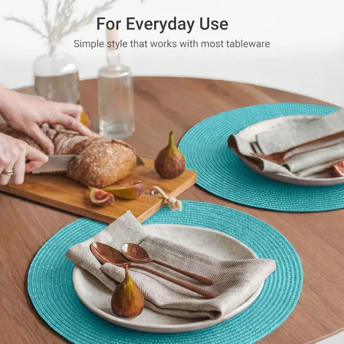 Miniatura 5 de FunWheat Juego de 8 manteles individuales redondos trenzados para mesa de comedor, tejidos, lavables, antideslizantes, 15 pulgadas