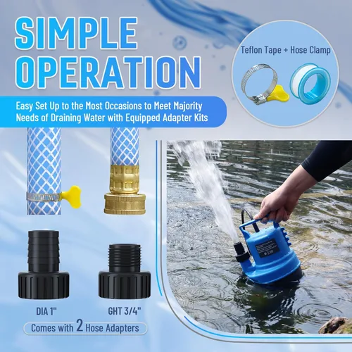 Miniatura 5 de Bomba de agua sumergible de 1/3 HP 2000 GPH Bomba de sumidero pequeña portátil para cubierta de piscina, sótanos, charcos, estanques de jardín