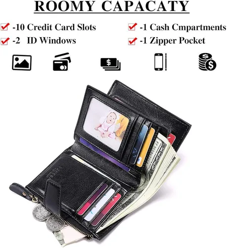 Miniatura 2 de FALAN MULE - Cartera de cuero auténtico para mujer, pequeña plegable , compacta, con interferencia de radiofrecuencia (RFID)