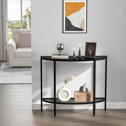 Miniatura 5 de SAYGOER Mesa de consola negra media luna de dos niveles, mesa estrecha para entrada con almacenamiento, mesa moderna para sofá, mesas pequeñas