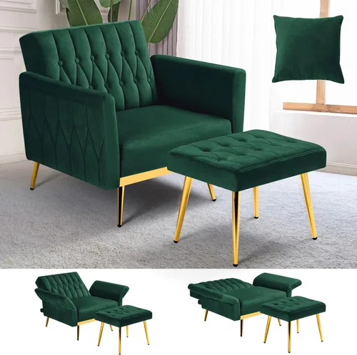 Miniatura 15 de Silla de terciopelo Accent con apoyabrazos y respaldo ajustables, sillón de ocio con botones acolchados, sillón reclinable individual con otomano