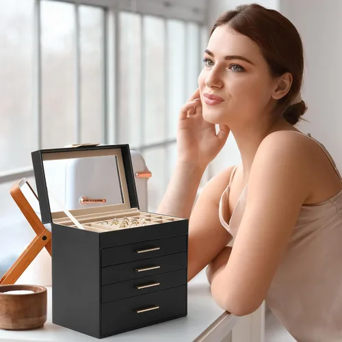 Miniatura 7 de Caja de joyería Somduy, caja de exhibición de joyería de 5 capas con tapa de vidrio para mujeres, 4 cajones, de gran capacidad para collares