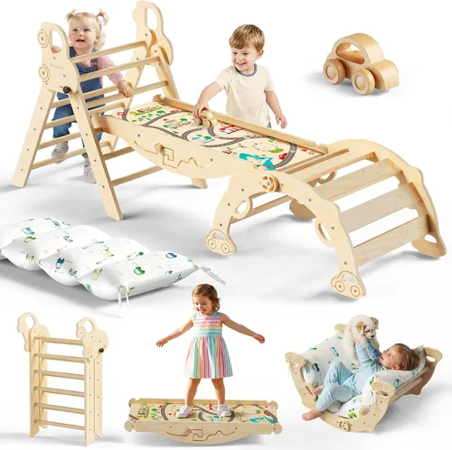 Pikler - Juego de escalada triangular con cojín, juguetes de escalada plegables para interiores, gimnasio Montessori para niños pequeños, escalador