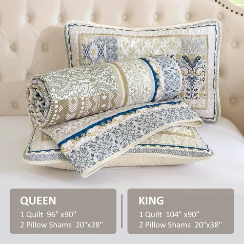 Miniatura 6 de WONGS BEDDING Juego de edredón bohemio tamaño matrimonial, juego de colcha de retazos beige de 3 piezas, juego de ropa de cama de microfibra suave