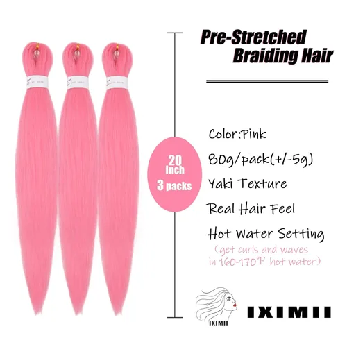 Miniatura 2 de IXIMII 3 paquetes de cabello trenzado rosa preestirado de 20 pulgadas, trenzas de ganchillo lacio, textura Yaki suave, ajuste de agua caliente