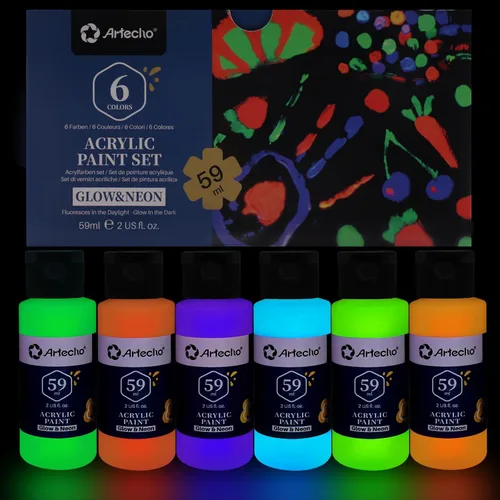 Artecho Pintura acrílica que brilla en la oscuridad, 6 colores, 2 onzas, pintura acrílica para decoración, pintura artística, manualidades de arte
