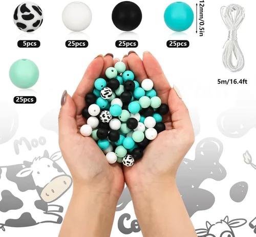 Miniatura 2 de Whaline 105 cuentas de silicona de 0.472 in con estampado de vaca, cuentas redondas de silicona sueltas de silicona para manualidades, collares