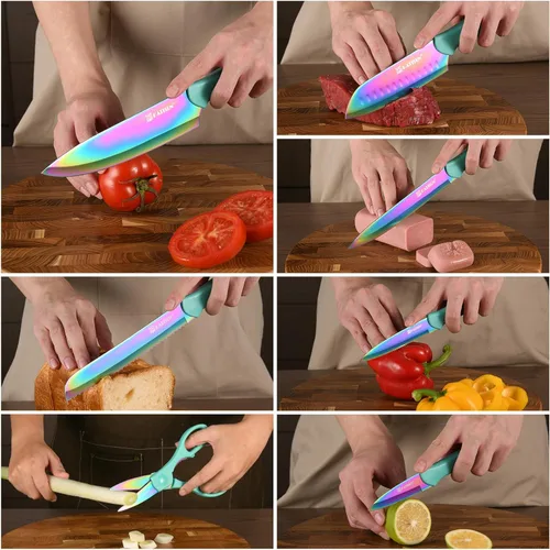 Miniatura 4 de Juego de cuchillos de cocina con protectores, juego de cuchillos de acero inoxidable con revestimiento de titanio arcoíris de 13 piezas