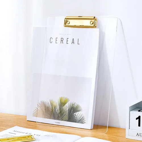Miniatura 4 de Moocci Portapapeles transparentes de acrílico grueso, bonito portapapeles transparente con clip dorado fuerte agujero oculto para colgar papel A4