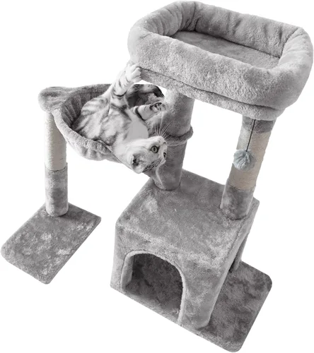 Miniatura 5 de Pesofer - Árbol para gatos, torre pequeña para gatos con poste de rascar de sisal y hamaca, gris claro