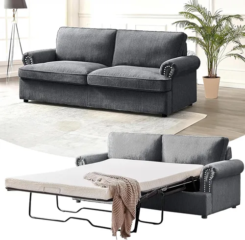 Miniatura 11 de Sofá cama reversible con cómodo colchón de espuma viscoelástica, sofá extraíble de pana convertible de tamaño matrimonial para sala de estar, Negro