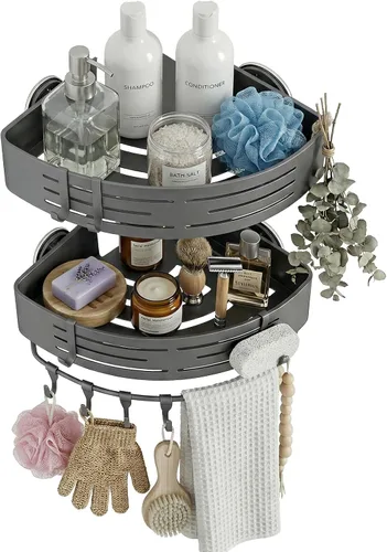 Miniatura 10 de Paquete de 1 organizador de ducha esquinero, estante de ducha con ventosa sin taladro, con toallero, organizador de baño de aluminio