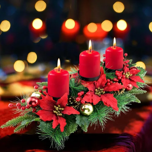 Miniatura 9 de YULETIME Candelabro triple de Navidad de 28 pulgadas, portavelas navideño con tres bandejas, bolas doradas, bayas y hojas doradas, agujas de pino