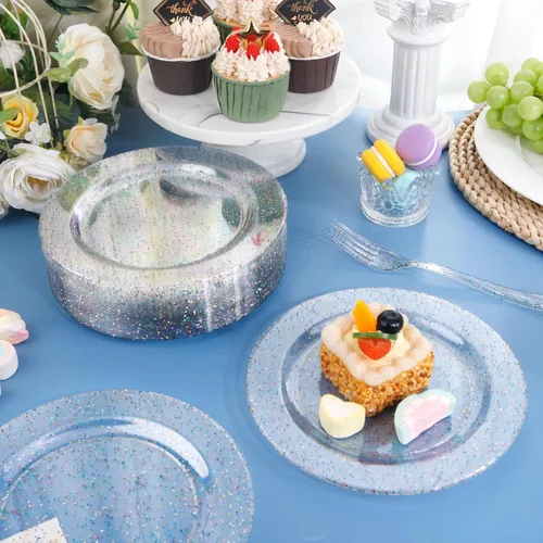 Miniatura 6 de Liacere 100 piezas de platos de plástico con purpurina de colores - transparentes - platos de postre - platos de cena de 7.5 pulgadas con purpurina