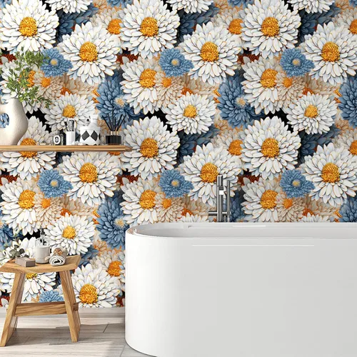 Miniatura 3 de ReWallpaper Papel tapiz floral grande para despegar y pegar, papel tapiz vintage de margaritas azules y blancas para habitación de niñas, pintura al