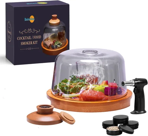 Kit para Ahumar Cócteles con Base de Madera y Cúpula de Vidrio, Perfecto para Infundir Sabores Afumados en Cócteles a la Antigua, Whisky y Alimentos