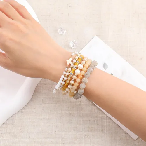 Miniatura 4 de Pulseras bohemias apilables de cuentas para mujer con dije de cruz, 6 pulseras elásticas de cuentas de piedra natural, cuentas de cristal de perlas
