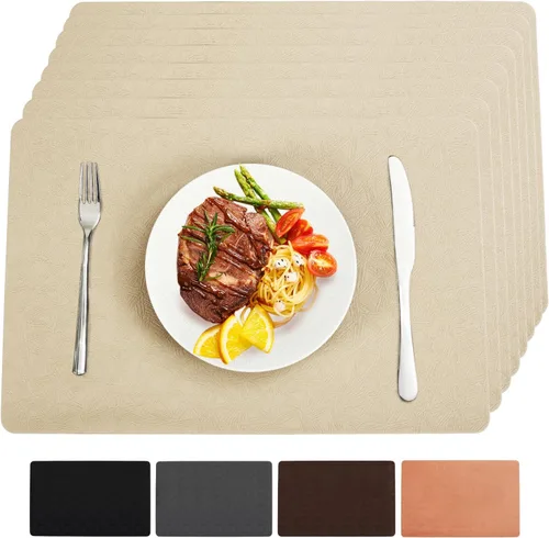 Miniatura 35 de Juego de 6 manteles individuales de vinilo, resistentes al calor, fáciles de limpiar, antideslizantes, para mesa de comedor, piel sintética, Negro