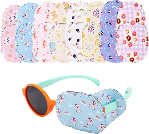 Penitue 8 parches para ojos izquierdos para niños, fundas reutilizables para gafas, impresiones divertidas de dibujos animados, protector de ojos