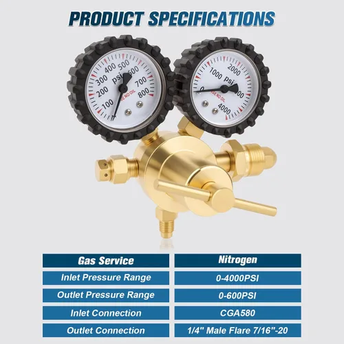 Miniatura 5 de Regulador de nitrógeno Beaiguná, regulador de nitrógeno HVAC de 0-800 PSI con entrada CGA580, conexión de salida de llama macho de 1/4 de pulgada