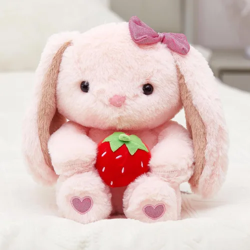 Miniatura 4 de Conejo de Fresa de Peluche con Orejas Caídas, Animales de Peluche Rosa Esponjosos con Fresa, Juguete Blando para Regalo para Niños, Niñas y Niños