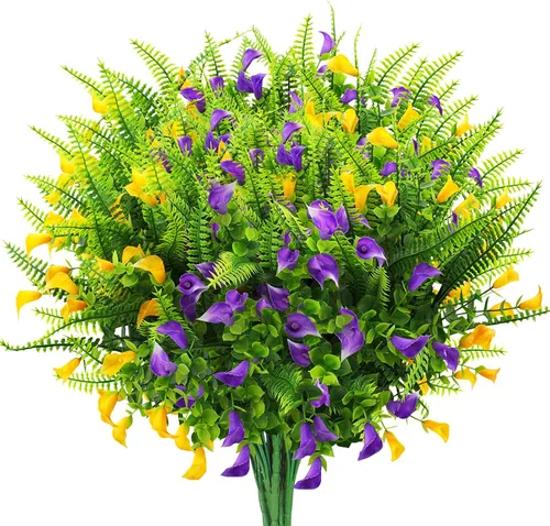 GREENRAIN 6 paquetes de flores artificiales de plástico sintético para exteriores, resistentes a los rayos UV, plantas falsas, flores, jardín,