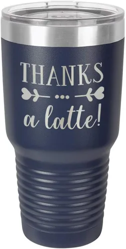Miniatura 15 de Taza de viaje de acero inoxidable con tapa superior deslizante y pajita con texto en inglés "THANKS A LATTE 30oz Taza de viaje", compara con Yeti