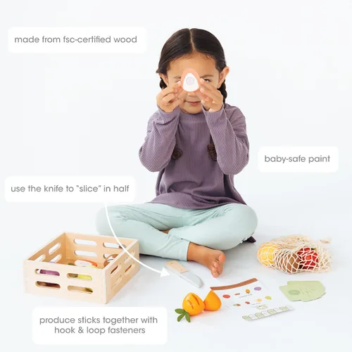 Miniatura 4 de Pearhead Juego de comida de madera para jugar, juguete de cocina de 21 piezas, para cortar frutas y verduras, certificado FSC, mercado