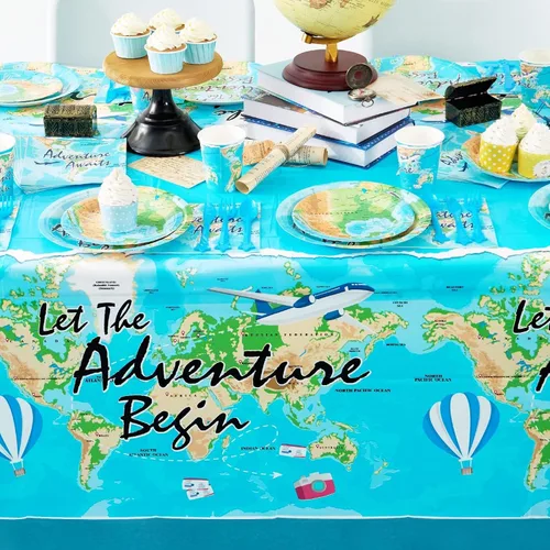 Miniatura 2 de WERNNSAI Mantel de viaje – 1 mantel de 108 x 54 pulgadas con mapa del mundo Adventure World Awaits Bon Voyage - Decoraciones de fiesta