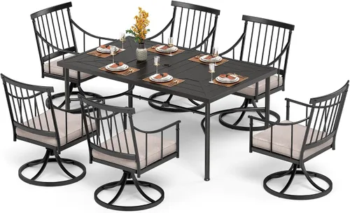 Miniatura 12 de PHI VILLA Juego de comedor al aire libre de 7 piezas con cojín, mesa de comedor rectangular de metal de 60 pulgadas con agujero para sombrilla y 6