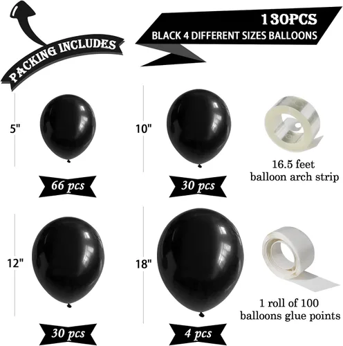 Miniatura 3 de Kit de arco de guirnalda de globos negros de 130 piezas, diferentes tamaños de 18, 12, 10 y 5 pulgadas, kit de globos de látex para fiesta