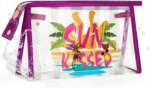 Miniatura 13 de COSHAYSOO Bolsa de Maquillaje Transparente con Protección Solar, Bolsa de Protector Solar con Parches de Letras, Accesorios Esenciales de Playa