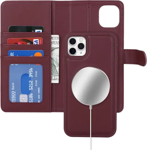 Miniatura 24 de Havaya Funda para iPhone 11 Pro Max con tarjetero y llavero, soporte de cuero, a prueba de golpes, con ranuras para tarjetas de crédito, cremallera