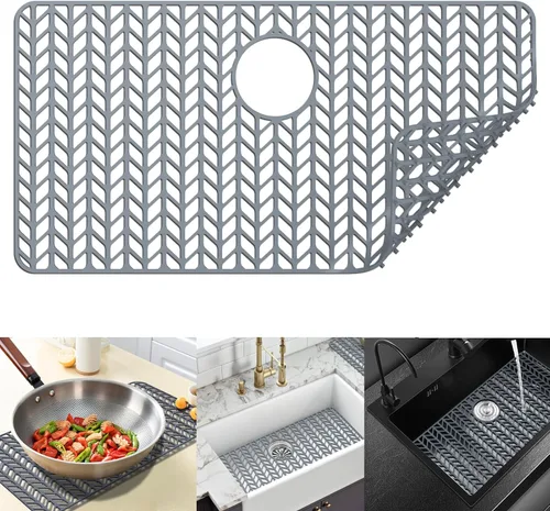 Miniatura 19 de Protectores de fregadero de cocina de 12 x 11 y 13 x 11 pulgadas, protectores de silicona para fregadero de cocina para la parte inferior del Gris