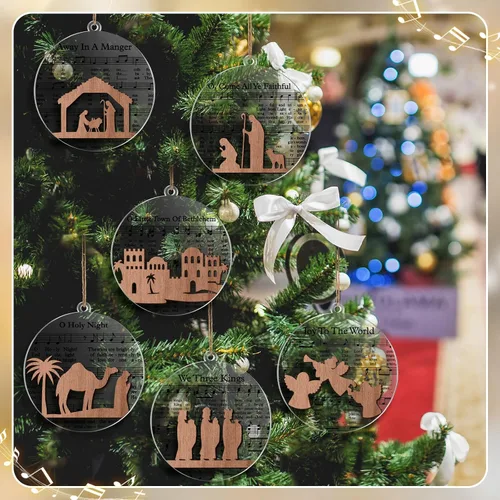 Miniatura 6 de CroBlissful Paquete de 24 Adornos de Escena de la Natividad Navideña Regalos a Granel de Madera Transparente Historia de la Natividad Música Adornos