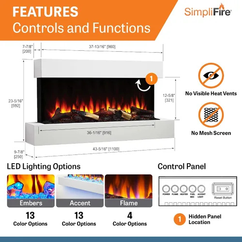 Miniatura 5 de SimpliFire Format Chimenea eléctrica de montaje en pared de 36 pulgadas con repisa flotante de 43 pulgadas (SF-FORMAT36-SF-FM43-WH)