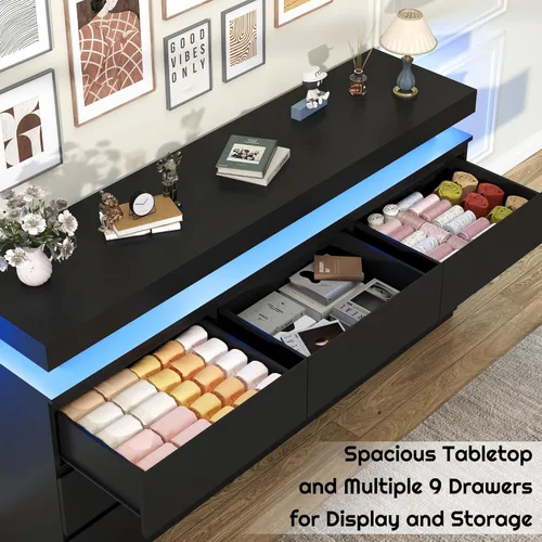 Miniatura 4 de chartustriable Cómoda de 9 cajones con luz LED, cómoda moderna para armario, gabinete organizador de cajones de 63 pulgadas de ancho